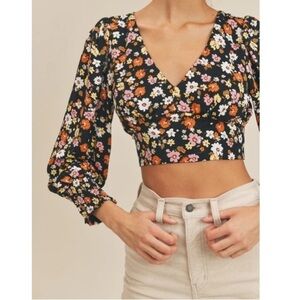 Lush Floral Long Puff Sleeve Crop Top